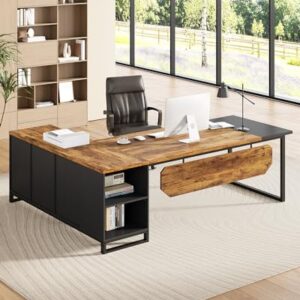 LITTLE TREE 70.8 Inches Executive Desk and 55 Inches File Cabinet Combo, Large L Shaped Computer Desk with Storage Cabinet and Shelves, Modern Business Furniture for Home Office, Rustic Brown & Black