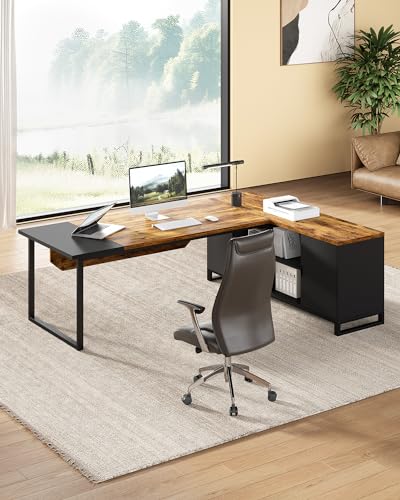 LITTLE TREE 70.8 Inches Executive Desk and 55 Inches File Cabinet Combo, Large L Shaped Computer Desk with Storage Cabinet and Shelves, Modern Business Furniture for Home Office, Rustic Brown & Black