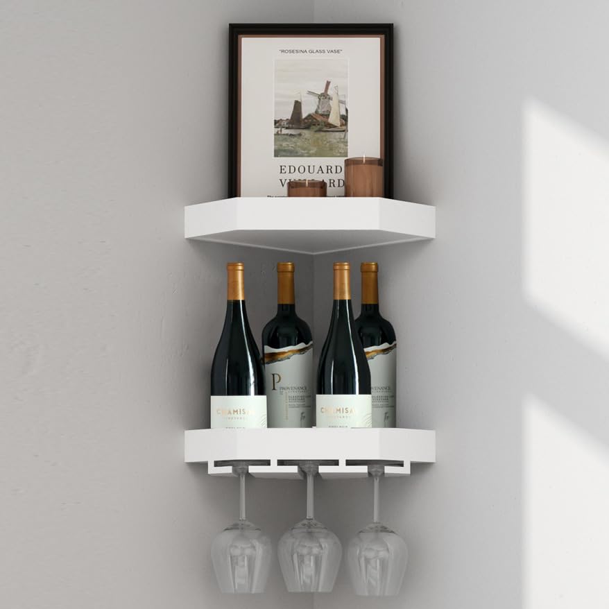 WELLAND White Wood Corner Floating Shelves Wall Mount Corner Wine Rack -2 Pack with 6 Glass Slot Holder