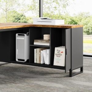 LITTLE TREE 70.8 Inches Executive Desk and 55 Inches File Cabinet Combo, Large L Shaped Computer Desk with Storage Cabinet and Shelves, Modern Business Furniture for Home Office, Rustic Brown & Black