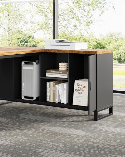 LITTLE TREE 70.8 Inches Executive Desk and 55 Inches File Cabinet Combo, Large L Shaped Computer Desk with Storage Cabinet and Shelves, Modern Business Furniture for Home Office, Rustic Brown & Black