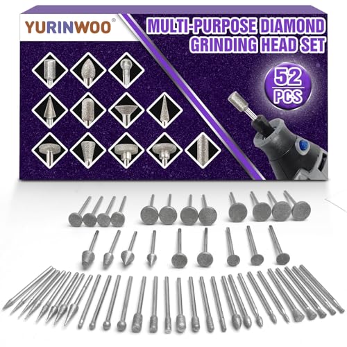 Stone Carving Set Diamond Grinding Bit Compatible with Dremel, 52Pcs Polishing Kit Diamond Bits 1/8" (3mm) Shank Accessories for Stone Glass Ceramics Carving, Polishing, Grinding