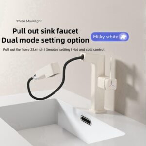 PRANOHD Bathroom Pull Down Sprayer Faucet, Widespread RV Kitchen Bathtub Utility Bar Commercial Vessel Sink Vanity, Brass Copper 1 Hole Single Handle (Temperature Digital Display, Milky White)