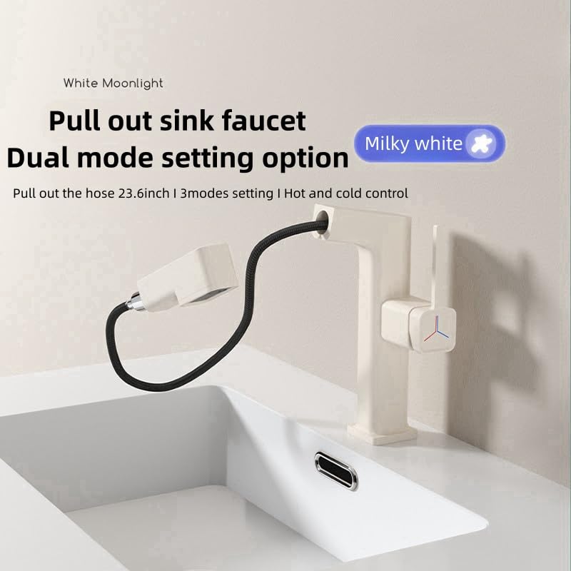 PRANOHD Bathroom Pull Down Sprayer Faucet, Widespread RV Kitchen Bathtub Utility Bar Commercial Vessel Sink Vanity, Brass Copper 1 Hole Single Handle (Temperature Digital Display, Milky White)