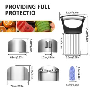 7PCS Finger Guards for Cutting Food - Stainless Steel Knife Cutting Finger Protector, Onion Holder for Slicing, Finger Cots, Thumb Guard Peelers, Onion Slicer, Knife Guard, Kitchen Tool