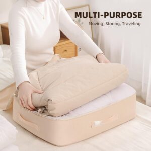 1 Pcs Self Compression Organizer Portable Dorm Moving Bags Storage Tote for Space Saving, Packaging Cube Bedding Storage Bag for Comforters Blankets Bedding Clothes, Beige Medium