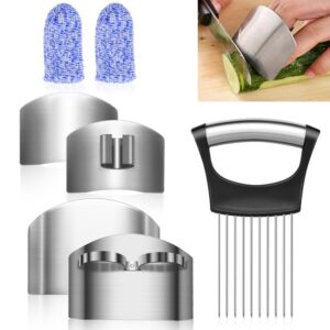 7pcs finger guards for cutting food - stainless steel knife cutting finger protector, onion holder for slicing, finger cots, thumb guard peelers, onion slicer, knife guard, kitchen tool