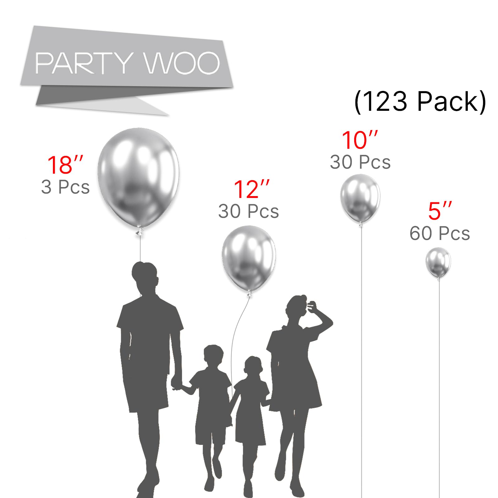 PartyWoo Metallic Silver Balloons, 123 pcs Silver Balloons Different Sizes Pack of 18 12 10 5 Inch Silver Balloon Arch Kit Balloon Garland for Birthday, Graduation, Party Decorations, Silver-G102