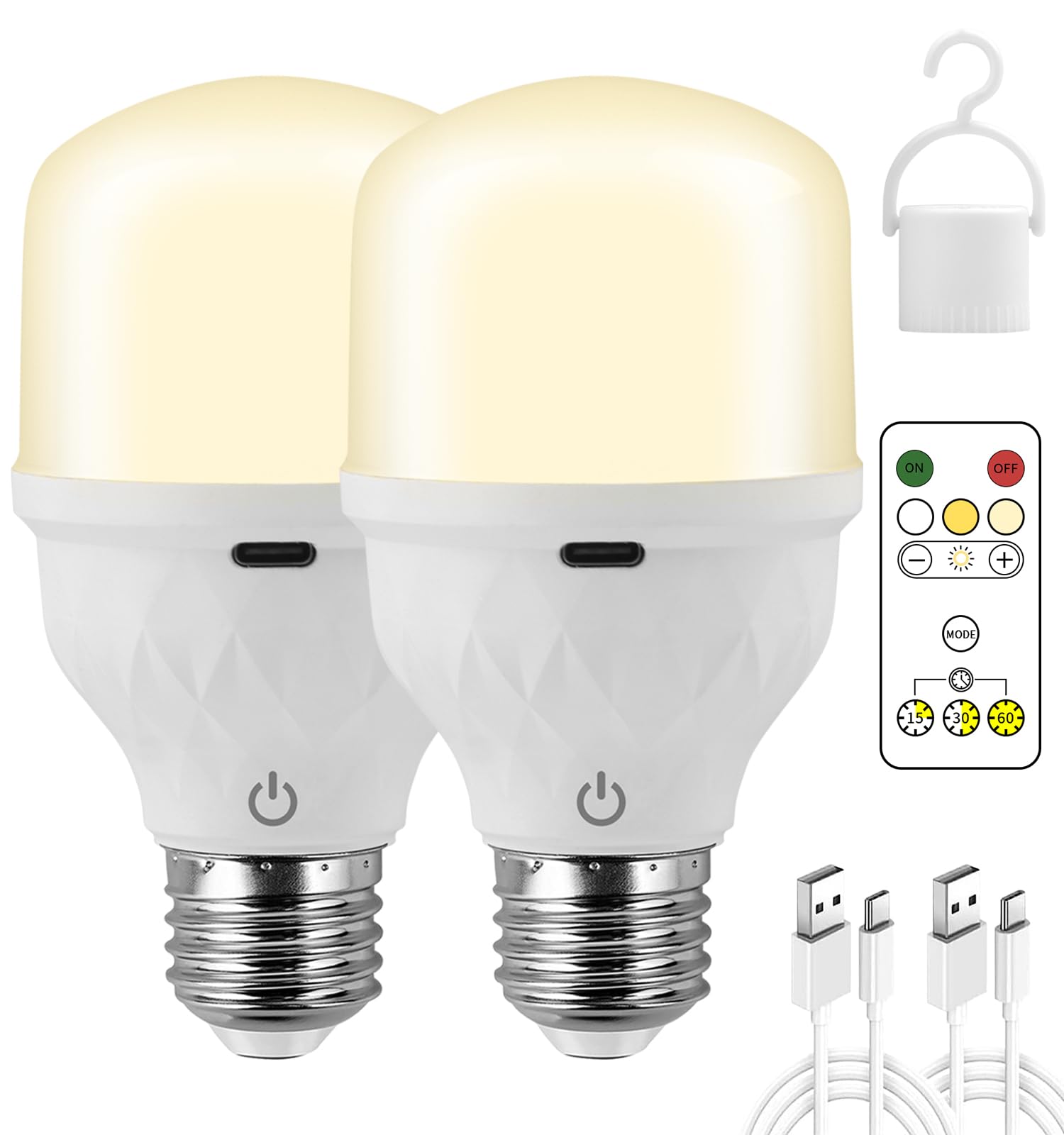 USB C Rechargeable Light Bulbs with Remote, 5W LED Dimmable Battery Powered Light Bulb, Touch Control E26 Portable Emergency Light Bulbs with Timer, for Home Power Outages, Non Hardwired, 2 Pack