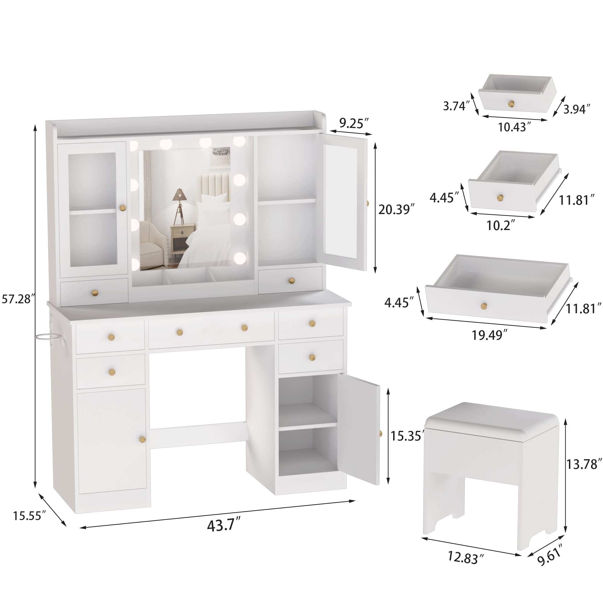 HUANLEGO Vanity Desk with Mirror and Lights, White Vanity Mirror with Lights Desk and Chair &7 Drawers, Cabinets Makeup Vanity Table with with Stool for Bedroom 3 Lights Mode and Brightness Adjusted