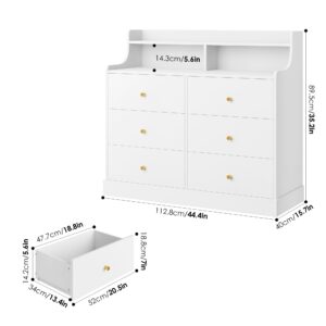 finetones 6 Drawer Dresser, White Dresser Double Dresser with Shelves, White and Gold Dresser, Wide Chest of Drawers, Dressers & Chests of Drawers, Large Wooden Storage White Dresser for Living Room