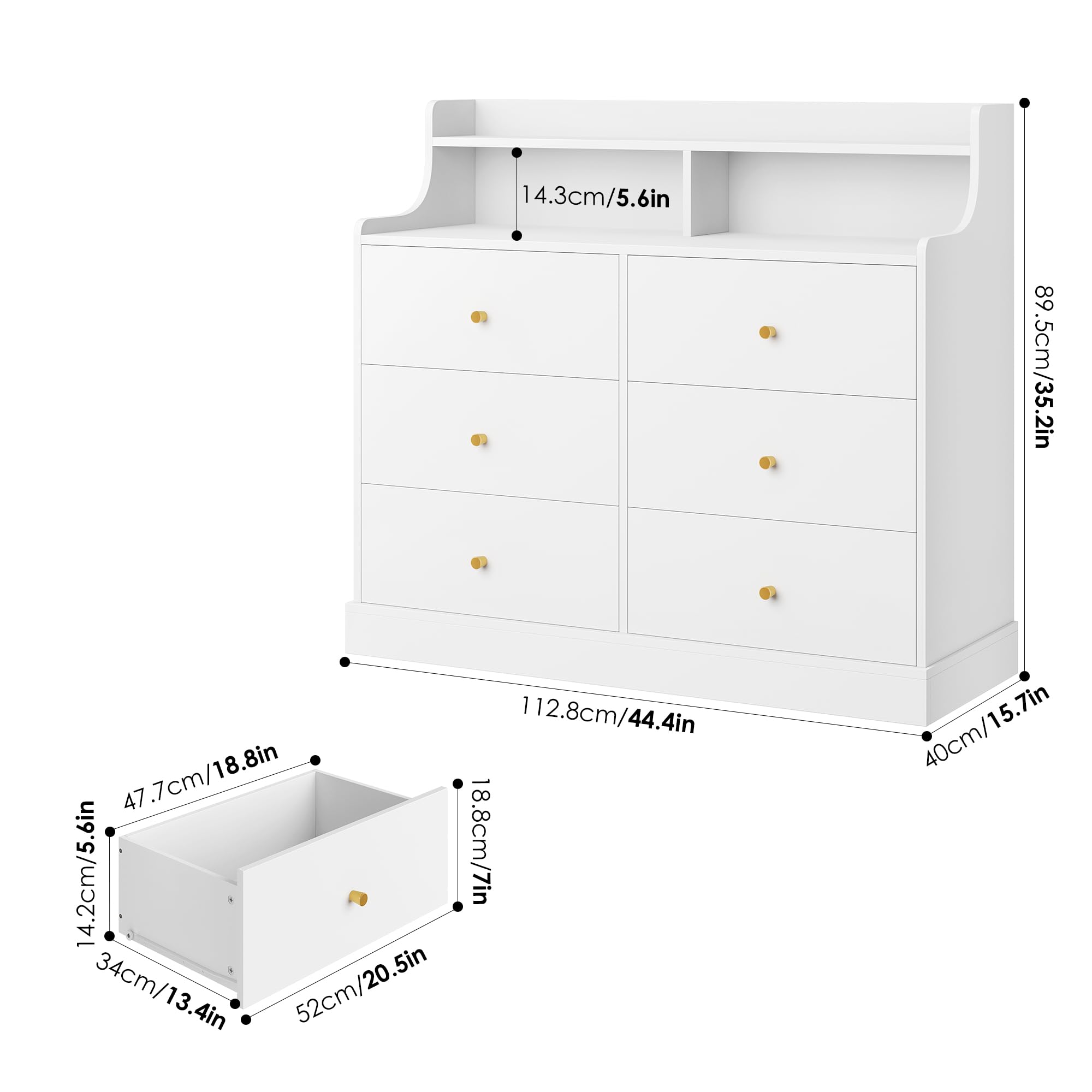 finetones 6 Drawer Dresser, White Dresser Double Dresser with Shelves, White and Gold Dresser, Wide Chest of Drawers, Dressers & Chests of Drawers, Large Wooden Storage White Dresser for Living Room