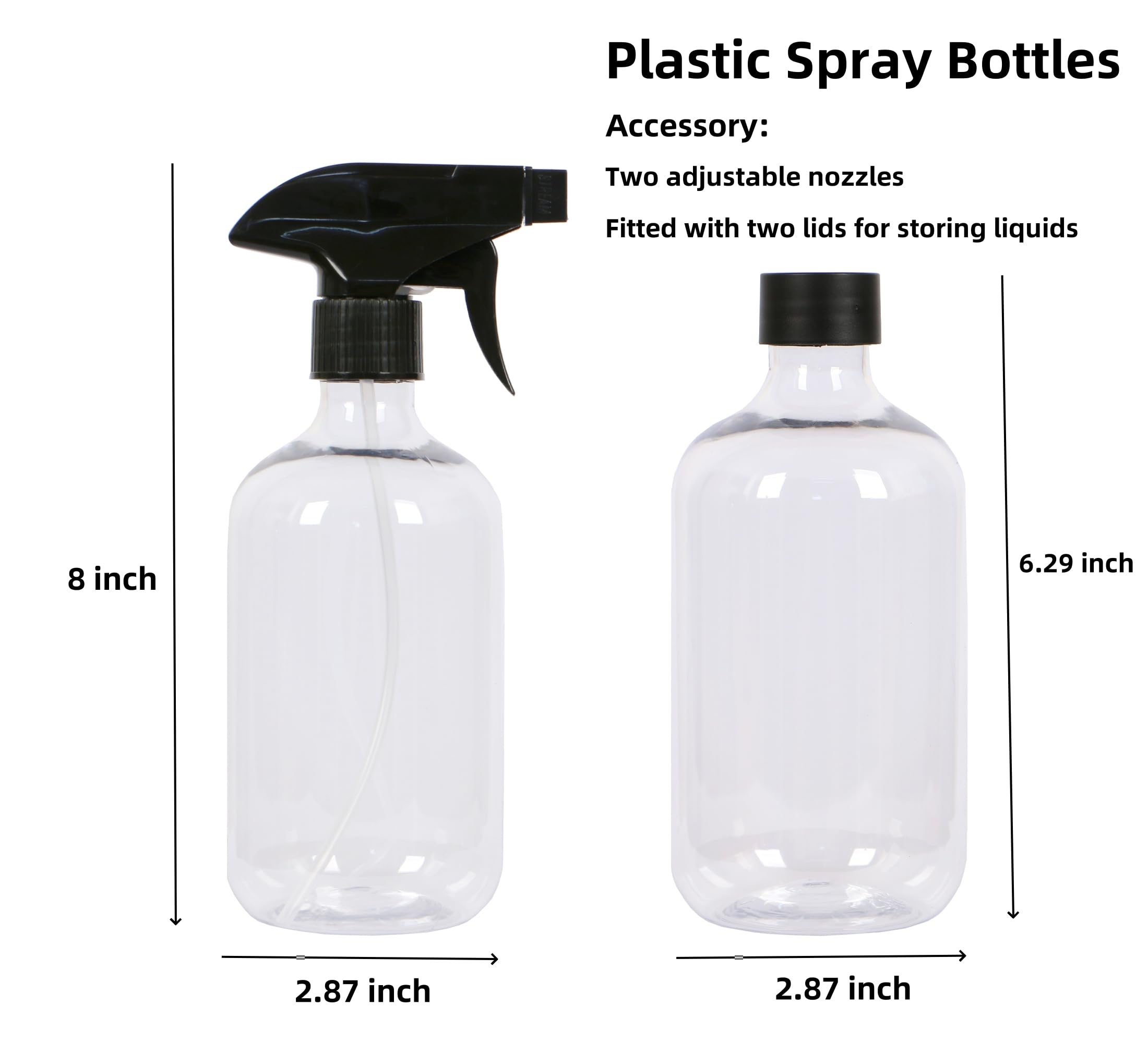 KIGITIK Plastic Spray Bottles, 16.9oz/500ml, Refillable Empty Spray Bottles, for Cleaning Solutions, Plants, Pet, Essential Oils, Kitchen, Hair (Clear)