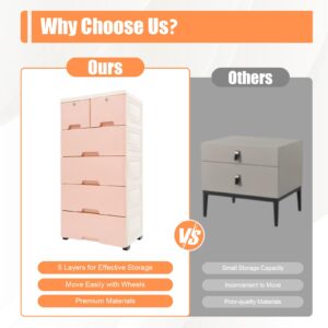 5 Tier Plastic Drawers Dresser Storage Tower with Wheels & Locks & 6 Drawers,Storage Organizer Rack Movable Storage Cabinet Closet for Bedroom,Living Room,Study(Pink)