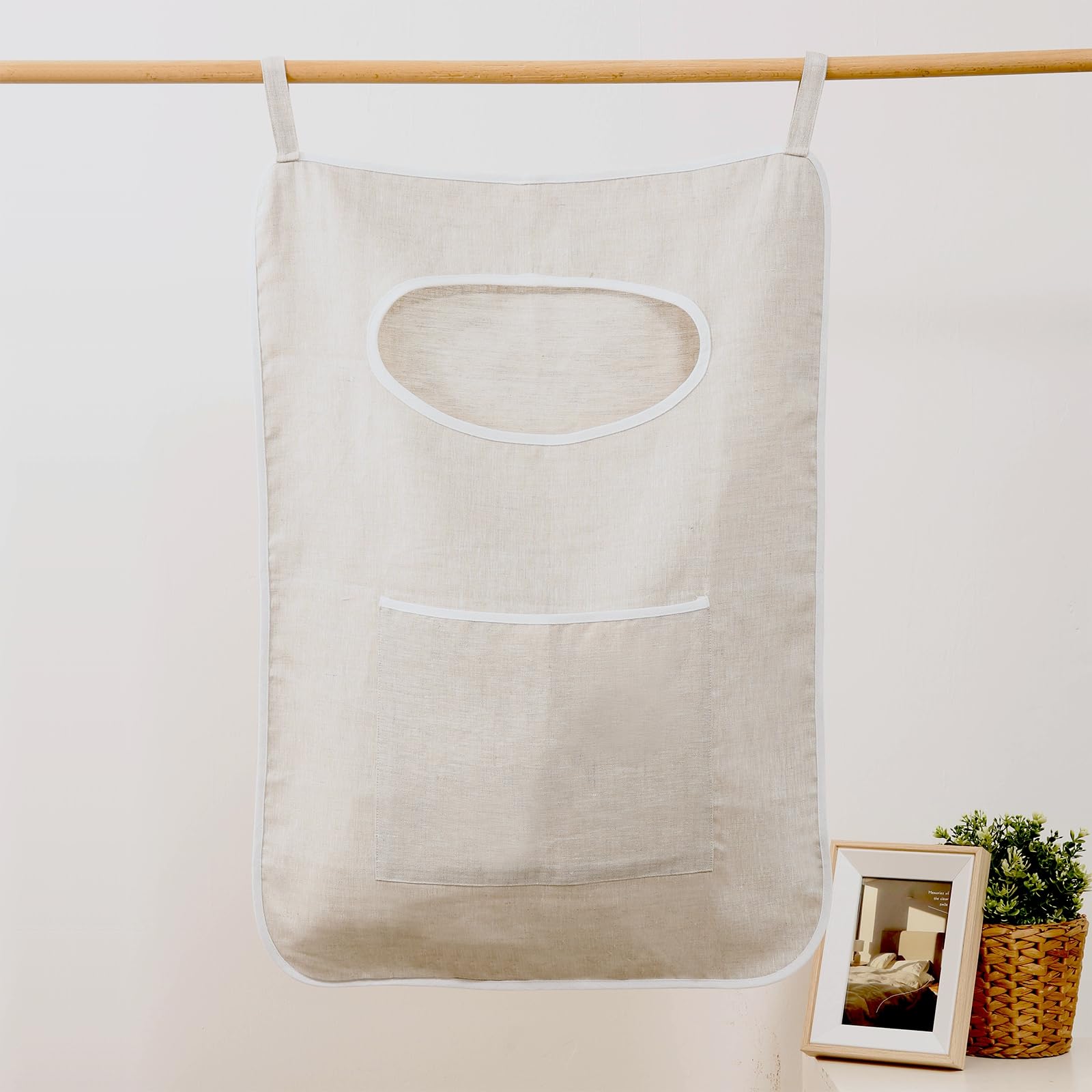 HSOFTIFY 100% Linen Hanging Laundry Bag, 19.7x27.5 Inches Over the Door Laundry Hamper with Pockets, Large hanging laundry hamper for Holding Dirty Clothes and Saving Space, Linen