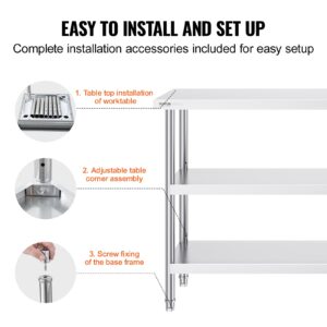 VEVOR Stainless Steel Food Prep Table, 14 x 60 x 34 Inch Commercial Kitchen Worktable, with 2 Adjustable Undershelf, Heavy Duty Prep Table Metal Work Table for BBQ, Kitchen, Home, and Garage