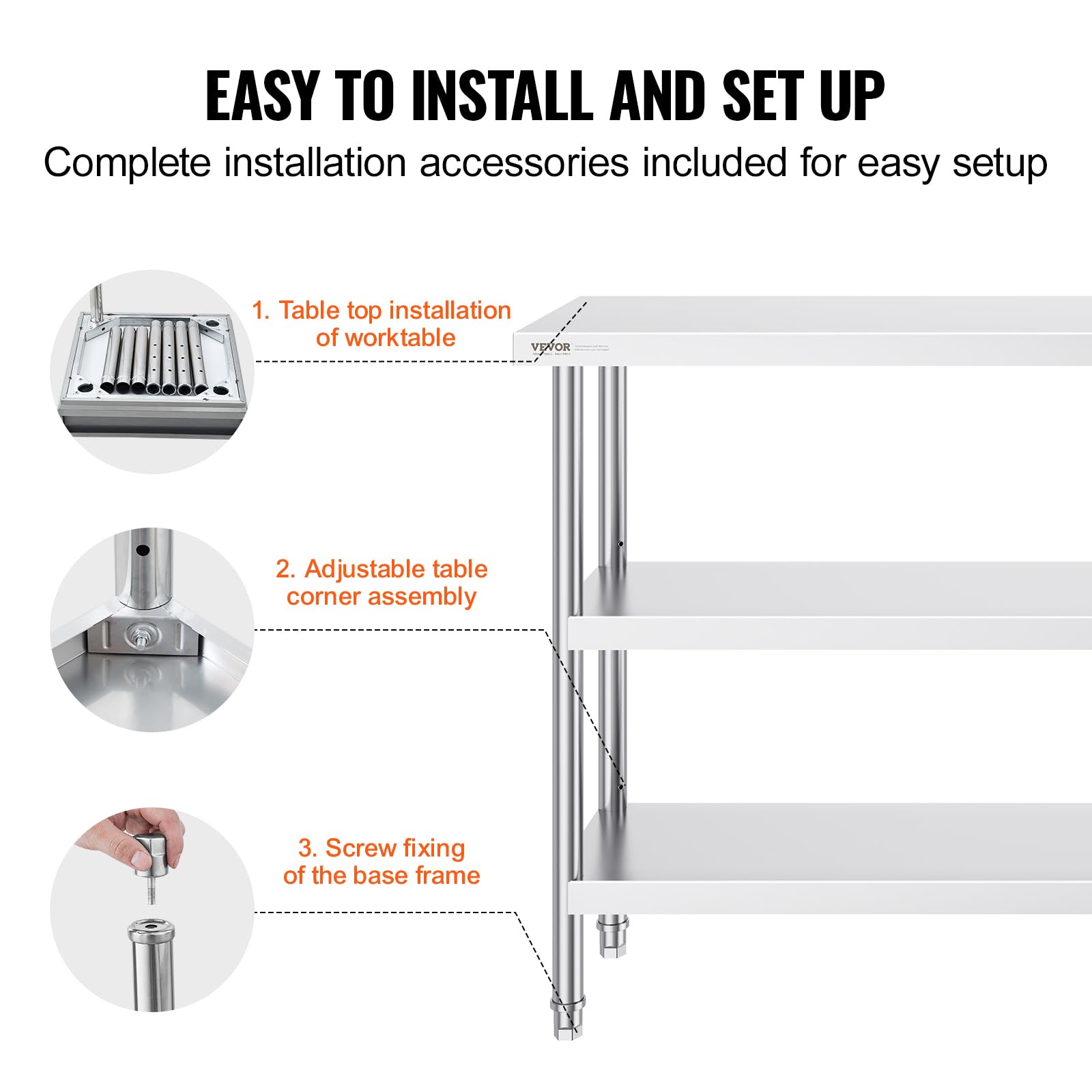 VEVOR Stainless Steel Food Prep Table, 14 x 60 x 34 Inch Commercial Kitchen Worktable, with 2 Adjustable Undershelf, Heavy Duty Prep Table Metal Work Table for BBQ, Kitchen, Home, and Garage