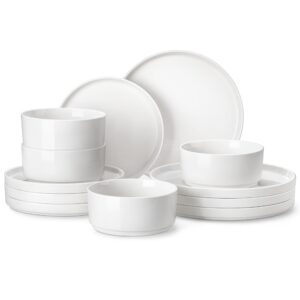 malacasa 12 pieces porcelain dinnerware set, modern white dish set for 4, premium serving plates and bowls sets, chip and scratch resistant dishware sets kitchen dishes dining ware set, series leah