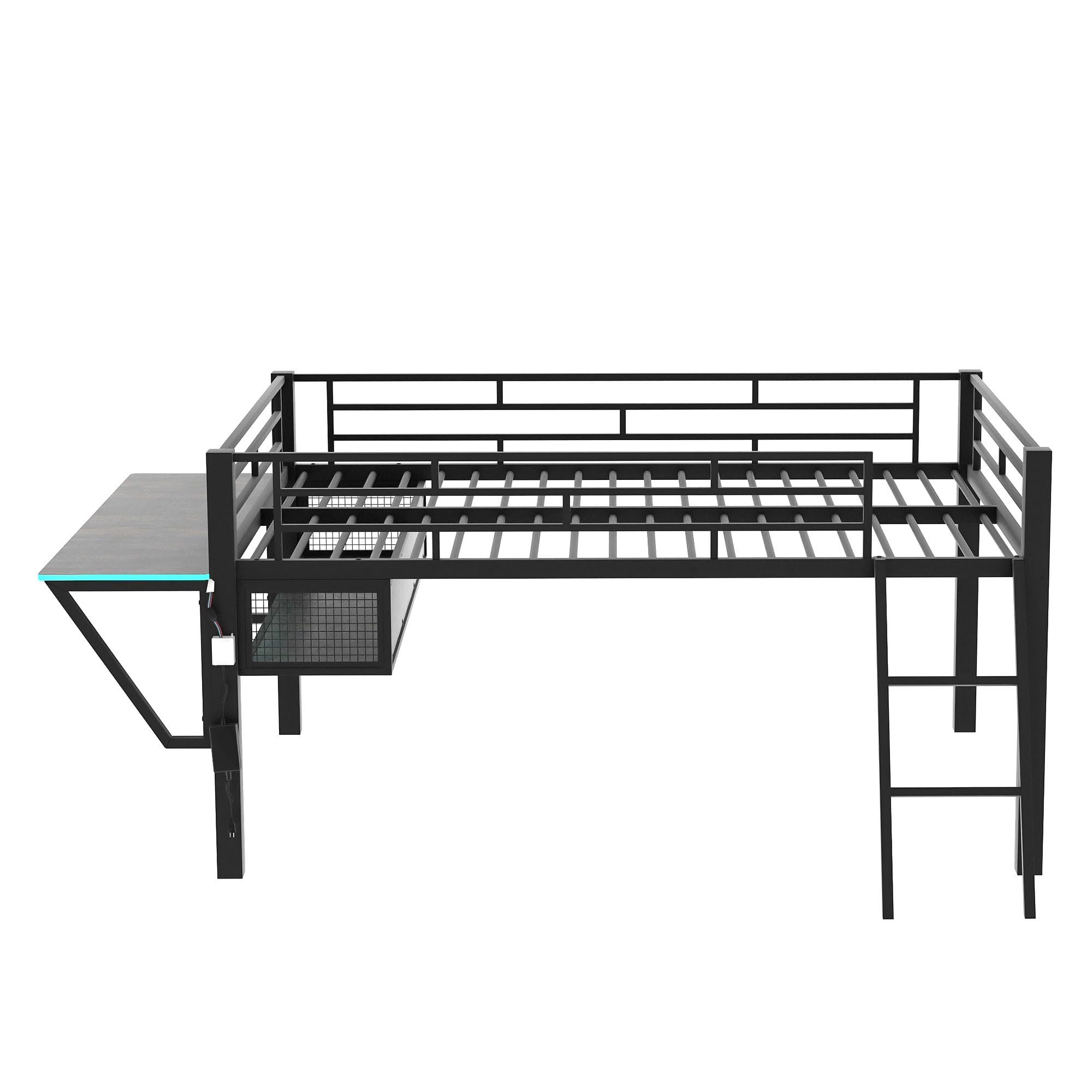 Bellemave Full Loft Bed with Desk, Gaming mid loft Bed with Desk, LED, Low loft Bed for Adults, Teens, Kids, Full loft Bed with Storage Space, Black