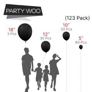 PartyWoo Black Balloons 123 pcs Black Matte Balloons Different Sizes Pack of 18 12 10 5 Inch Black Balloon Arch Kit Black Balloon Garland for Birthday Graduation Halloween Party Decorations Black-Y18