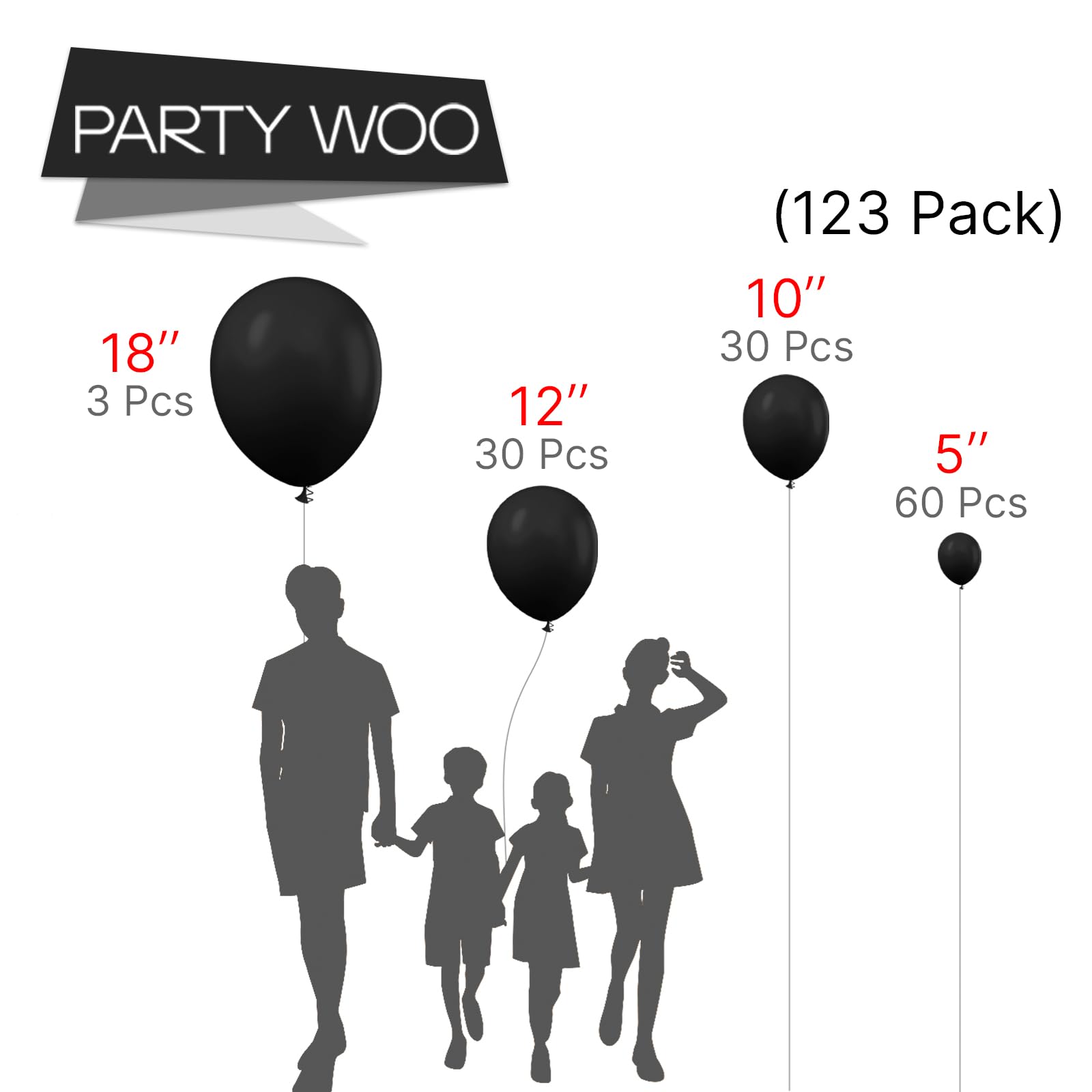 PartyWoo Black Balloons 123 pcs Black Matte Balloons Different Sizes Pack of 18 12 10 5 Inch Black Balloon Arch Kit Black Balloon Garland for Birthday Graduation Halloween Party Decorations Black-Y18