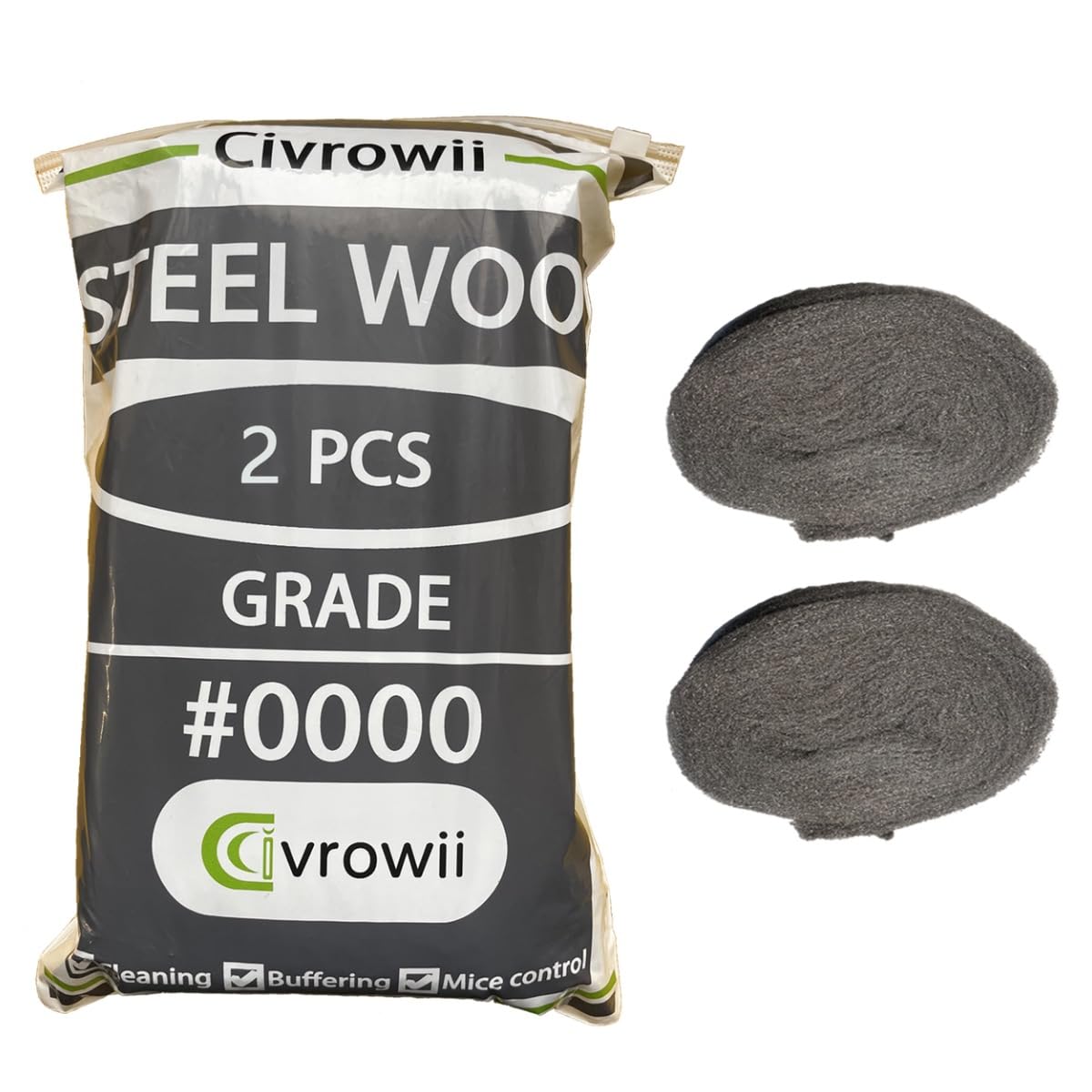 (2 Pack) Civrowii 0000 Steel Wool Hole Filler, Gap Blocker, Barrier, Also for Glass Fine, Steel Wool Pads for Chrome or Wood Polishing (2)