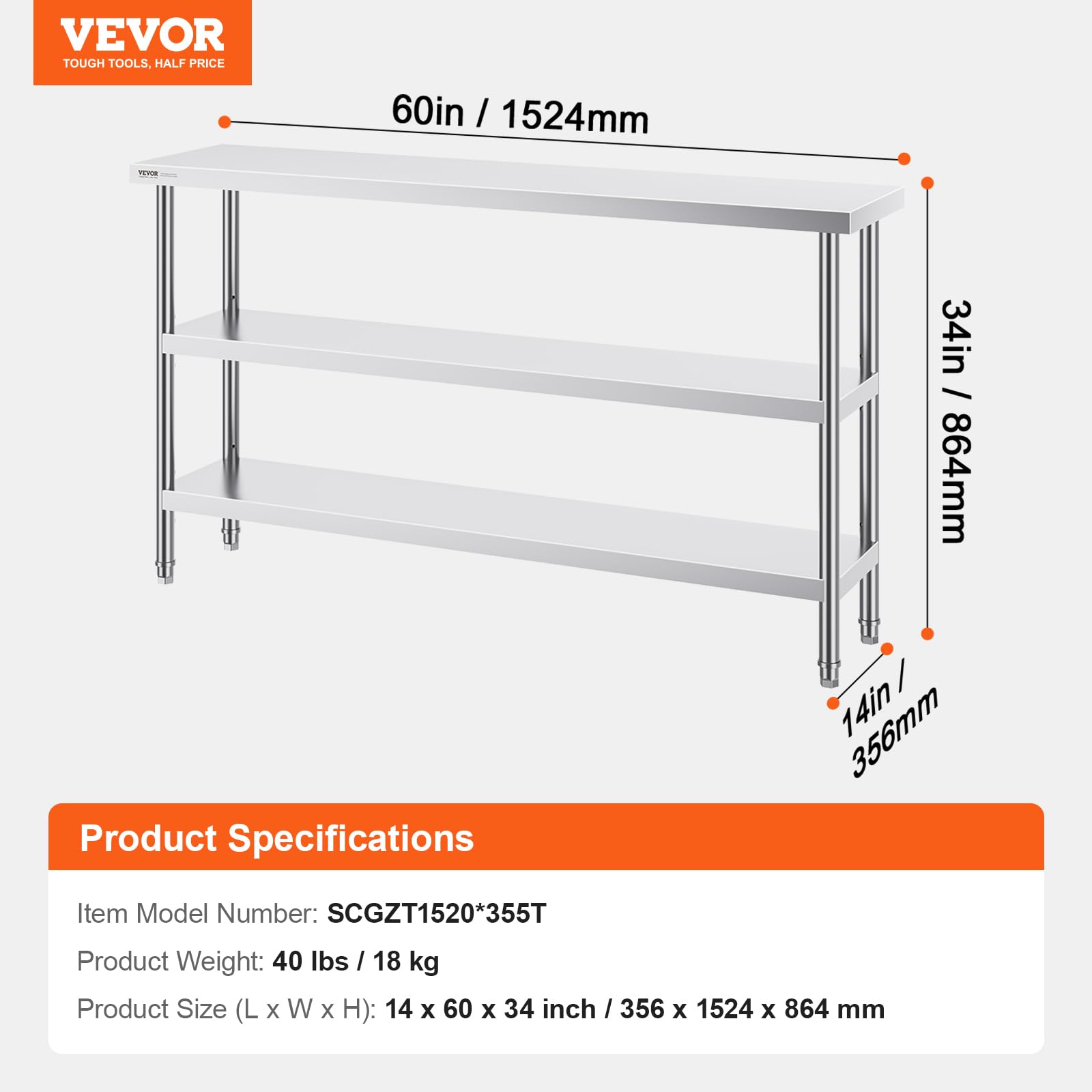 VEVOR Stainless Steel Food Prep Table, 14 x 60 x 34 Inch Commercial Kitchen Worktable, with 2 Adjustable Undershelf, Heavy Duty Prep Table Metal Work Table for BBQ, Kitchen, Home, and Garage