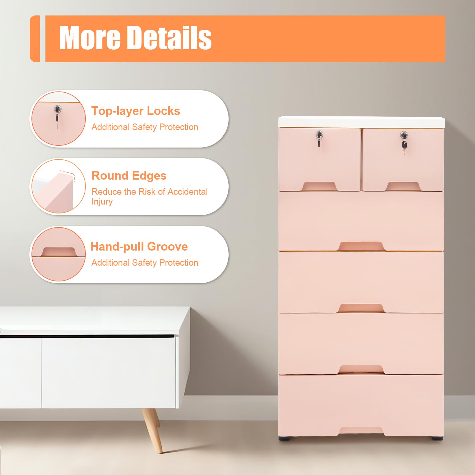 5 Tier Plastic Drawers Dresser Storage Tower with Wheels & Locks & 6 Drawers,Storage Organizer Rack Movable Storage Cabinet Closet for Bedroom,Living Room,Study(Pink)