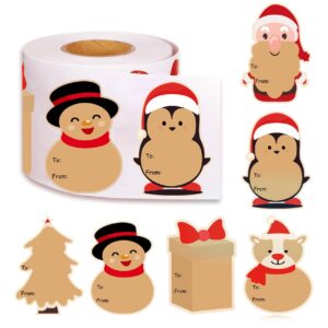 wuyuejxi 500 pcs christmas kraft tag sticker，2'' x 3'' christmas santa claus snowman stickers 6 designs, self adhesive holiday stickers label roll，for christmas holiday wrapping,envelope labels