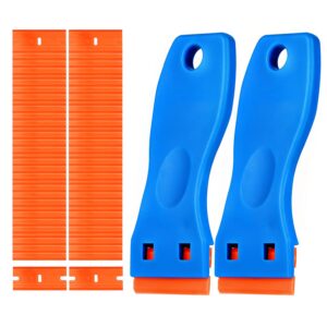 plastic razor blades scraper, 2 pcs plastic scraper tool for car with 100 pcs razor blades for gasket remover, labels decal and adhesive remover for windows and glass,blue