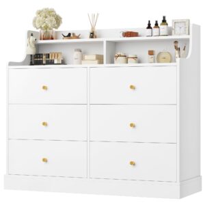 finetones 6 Drawer Dresser, White Dresser Double Dresser with Shelves, White and Gold Dresser, Wide Chest of Drawers, Dressers & Chests of Drawers, Large Wooden Storage White Dresser for Living Room