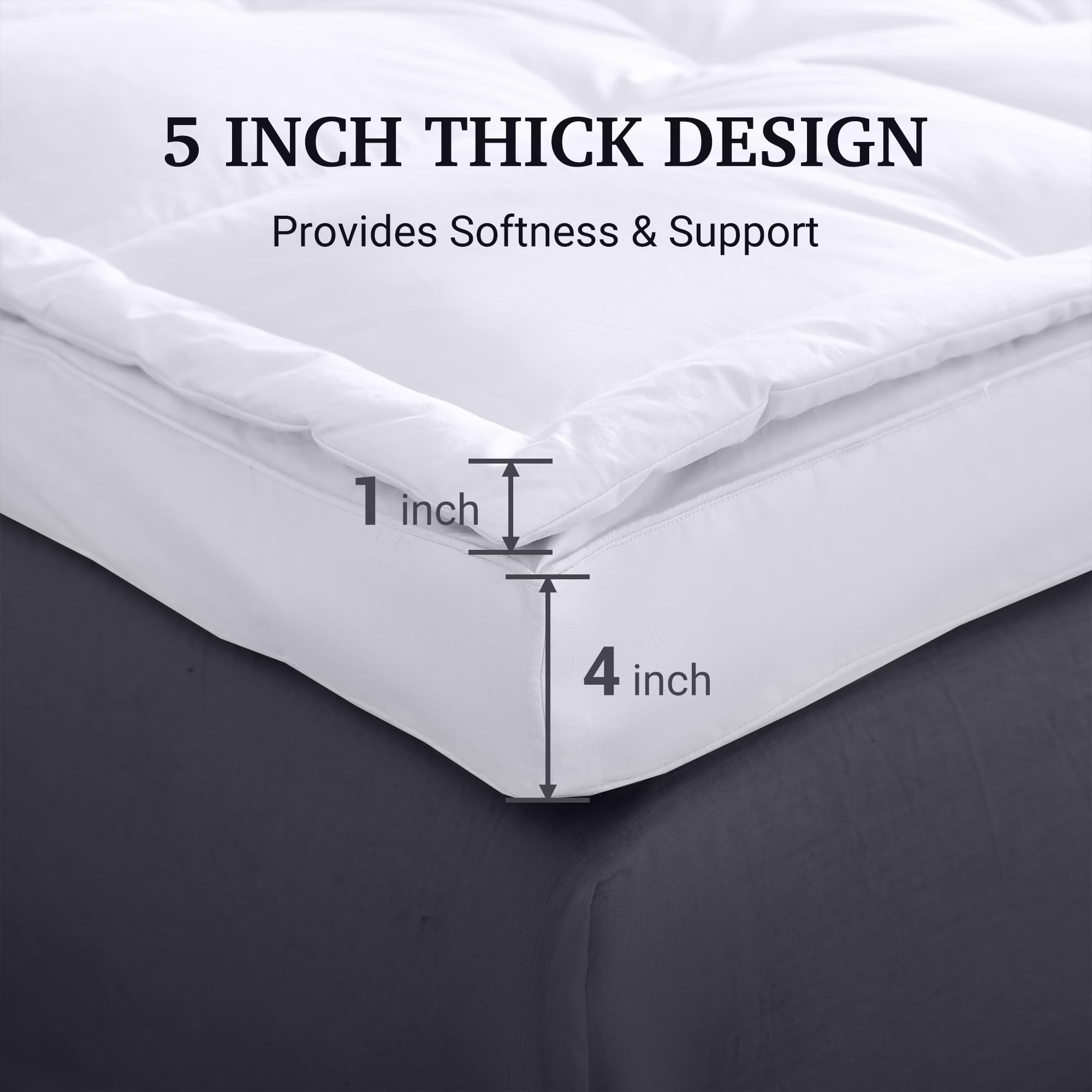 Hotel Grand 5 inch Extra Thick White Down Feather Mattress Topper Queen Size, Luxury 233 Thread Count 100% Cotton Pillowtop Featherbed Hotel Collection Mattree Topper 60x80 inch