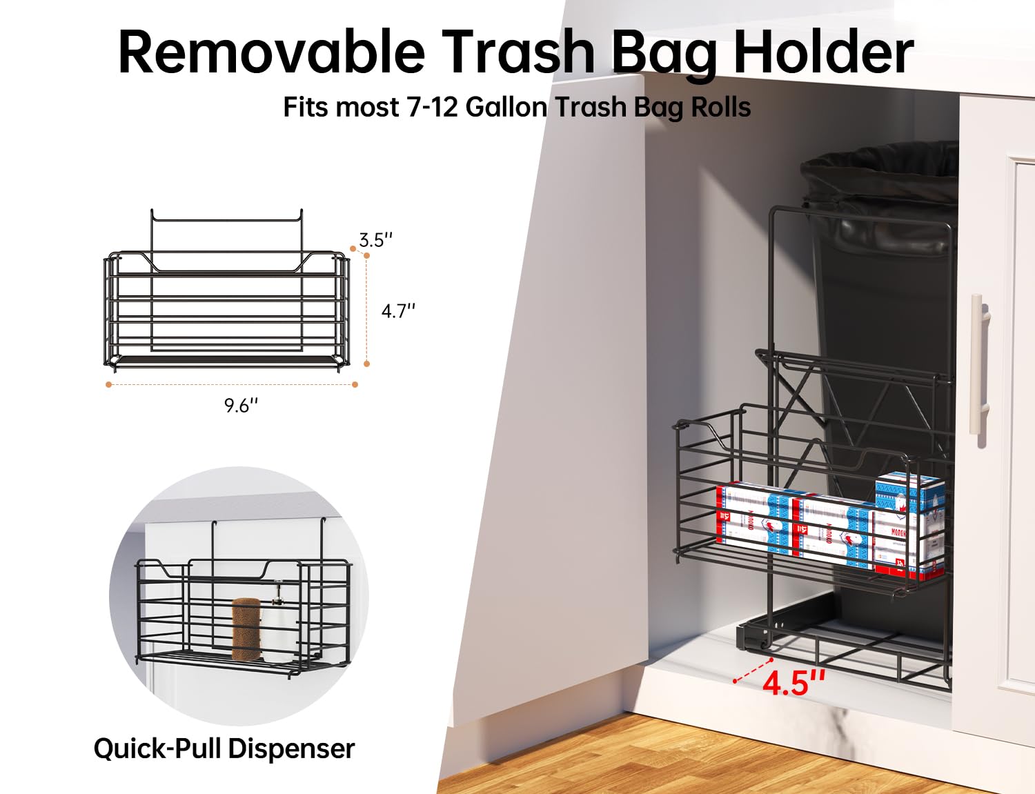 Mythco Cabinet Trash Can Pull Out Kit with Removable Garbage Bag Holder Under Sink Trash Can Pull Out Slider for 28–44 Quart Cans Up to 125 lb- (Can Not Included) (Black)