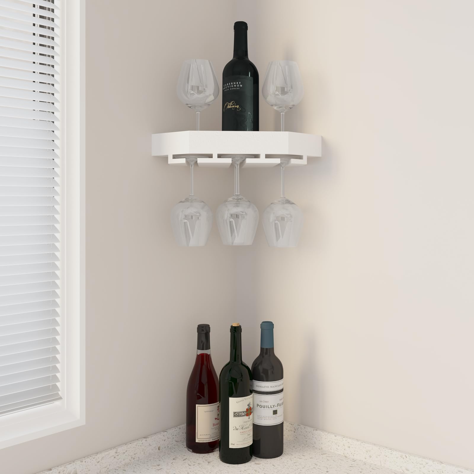 WELLAND White Wood Corner Floating Shelves Wall Mount Corner Wine Rack -2 Pack with 6 Glass Slot Holder