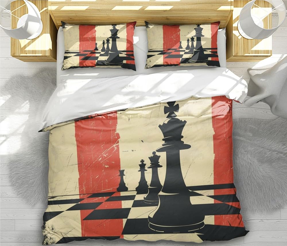 Aimery Chess Duvet Cover and Comforter Set – Artistic and Strategic Chess Piece Design, Premium Microfiber Bedding for a Thoughtful and Unique Bedroom Decor (King (104"x90"),05)