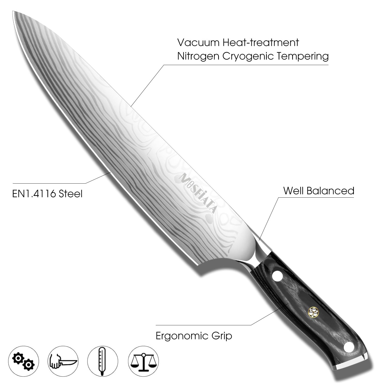 MOSFiATA 10" Super Sharp Professional Chef's Knife，German High Carbon Stainless Steel EN1.4116 with Micarta Handle and Gift Box