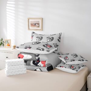 Erosebridal Grey Raccoon Comforter Set 7 Piece Bed in a Bag Twin,Cute Wild Animals Bedding Sets Cartoon Wildlife Sheet Set with Comforter