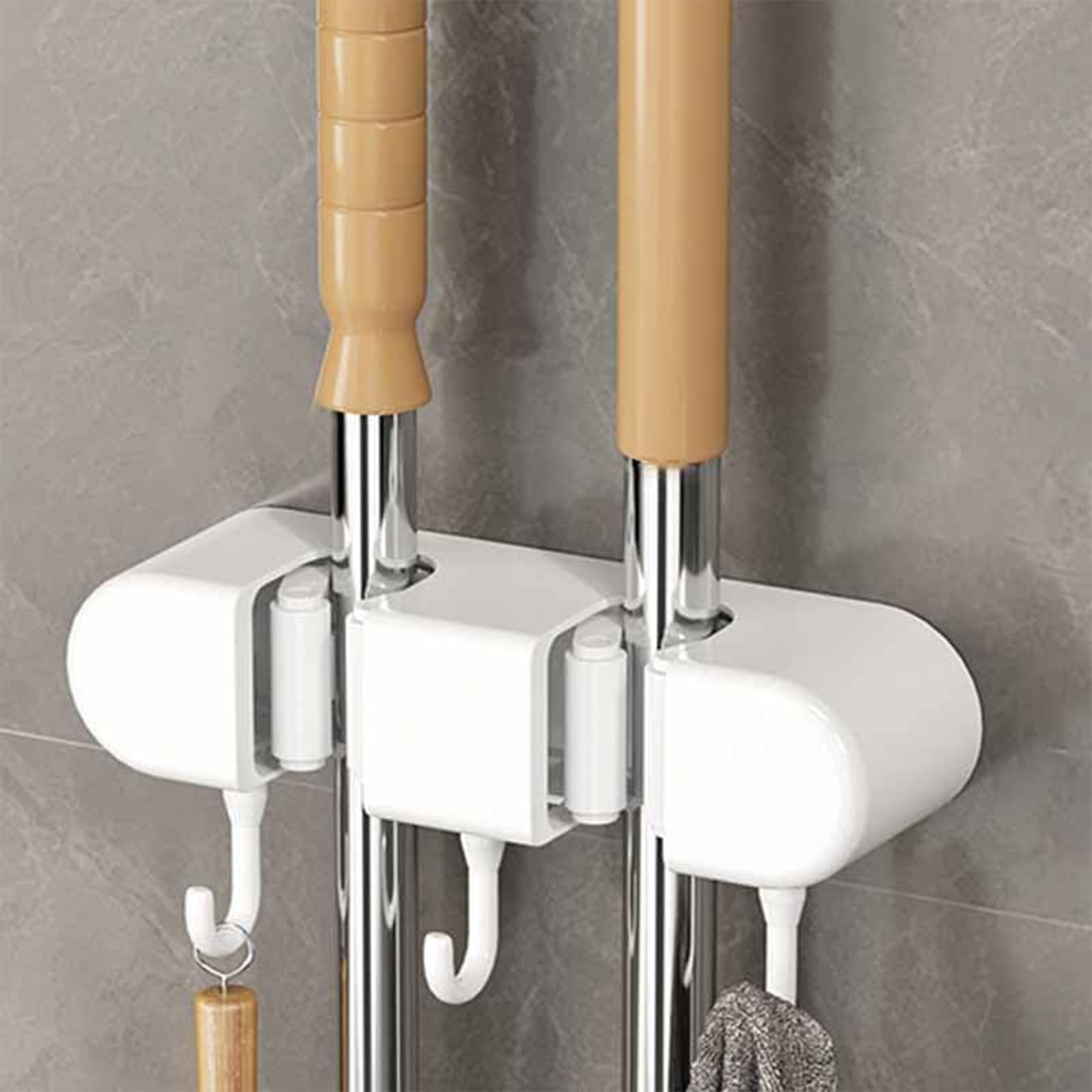 Flaviau Punch Free Multifunctional Mop Holder, 2024 New Mop and Broom Holder Wall Mount, Heavy Duty Self Adhesive Mop Holder Wall Mounted, Non-Slip Solid for Home Kitchen Garden (1, White (B))