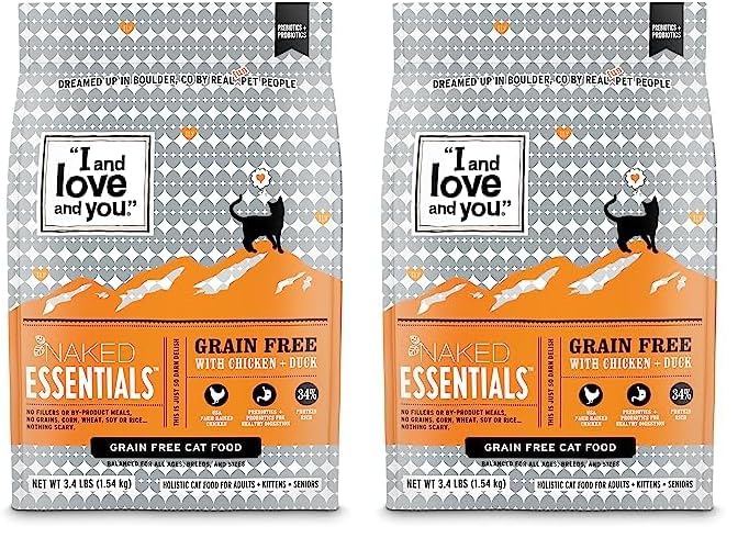 I AND LOVE AND YOU Naked Essentials Dry Cat Food - Chicken + Duck - Grain Free, Real Meat, No Fillers, Prebiotics + Probiotics, 3.4lb Bag (Pack of 2)