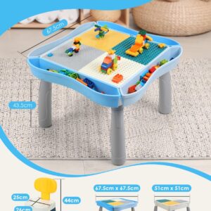 Kids Activity Table and Chair Set with 320Pcs Building Blocks, All in One Sand/Water/Sensory Desk with Storage, STEM Toys Toddler Learning Playset Table for Boys Girls Gifts 3 4 5-10 Years Old