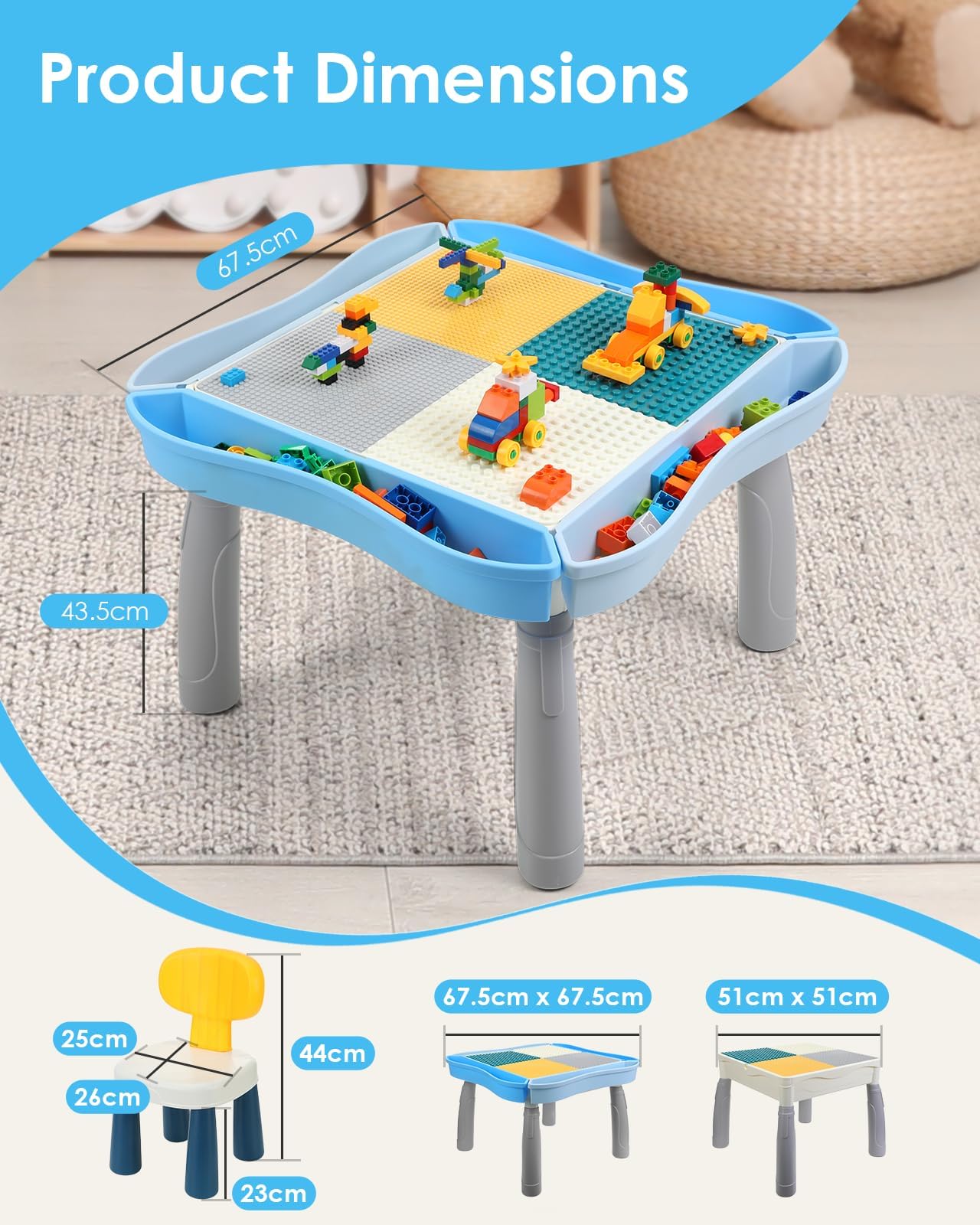 Kids Activity Table and Chair Set with 320Pcs Building Blocks, All in One Sand/Water/Sensory Desk with Storage, STEM Toys Toddler Learning Playset Table for Boys Girls Gifts 3 4 5-10 Years Old