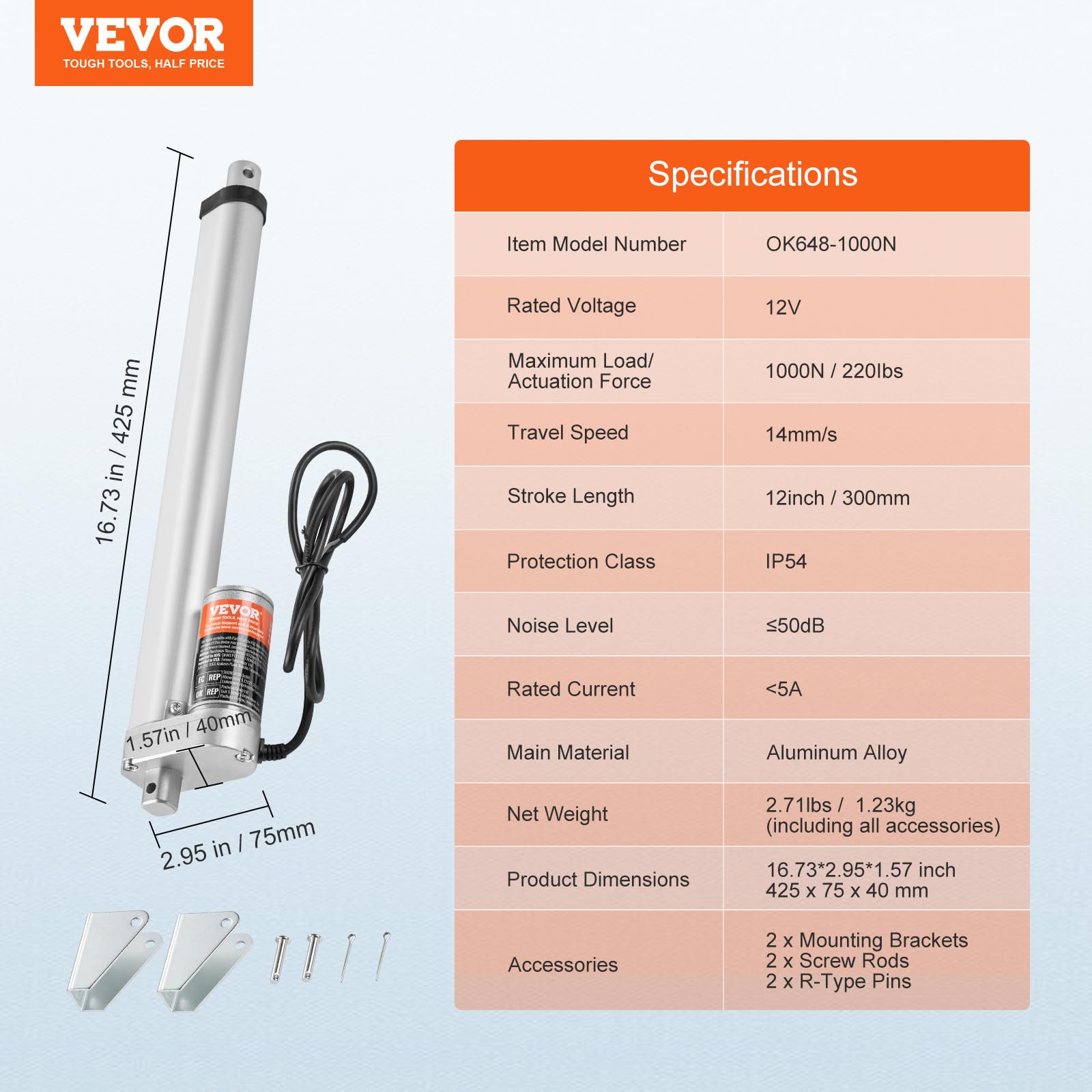 VEVOR Linear Actuator 12V, 12 Inch 0.55"/s High Speed Linear Actuator, 220lbs/1000N Linear Motion Actuator with Mounting Bracket & IP54 Protection