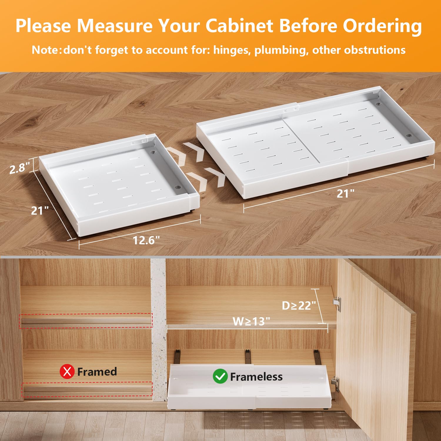 Pull out Cabinet Organizer 21" Deep Heavy Duty Expandable(12.6"-21") Slide out Drawers for Kitchen Cabinets with Adhesive 1 Pack Adjustable Roll out Shelf Storage Organization for Pantry Bathroom