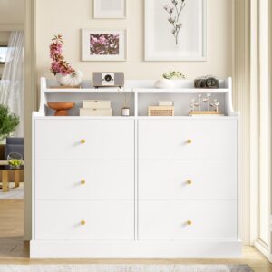 finetones 6 Drawer Dresser, White Dresser Double Dresser with Shelves, White and Gold Dresser, Wide Chest of Drawers, Dressers & Chests of Drawers, Large Wooden Storage White Dresser for Living Room