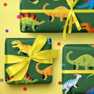 WRAPAHOLIC Dinosaur Wrapping Paper Roll - Mini Roll - 17 Inch x 9.8 Feet - Green Dinosaur Design, Perfect for Girl Kids Boy Birthday, Baby Shower, Party, Holiday