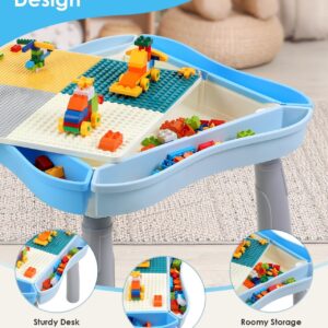 Kids Activity Table and Chair Set with 320Pcs Building Blocks, All in One Sand/Water/Sensory Desk with Storage, STEM Toys Toddler Learning Playset Table for Boys Girls Gifts 3 4 5-10 Years Old