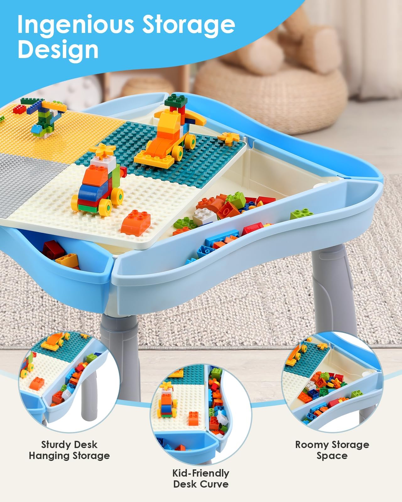 Kids Activity Table and Chair Set with 320Pcs Building Blocks, All in One Sand/Water/Sensory Desk with Storage, STEM Toys Toddler Learning Playset Table for Boys Girls Gifts 3 4 5-10 Years Old