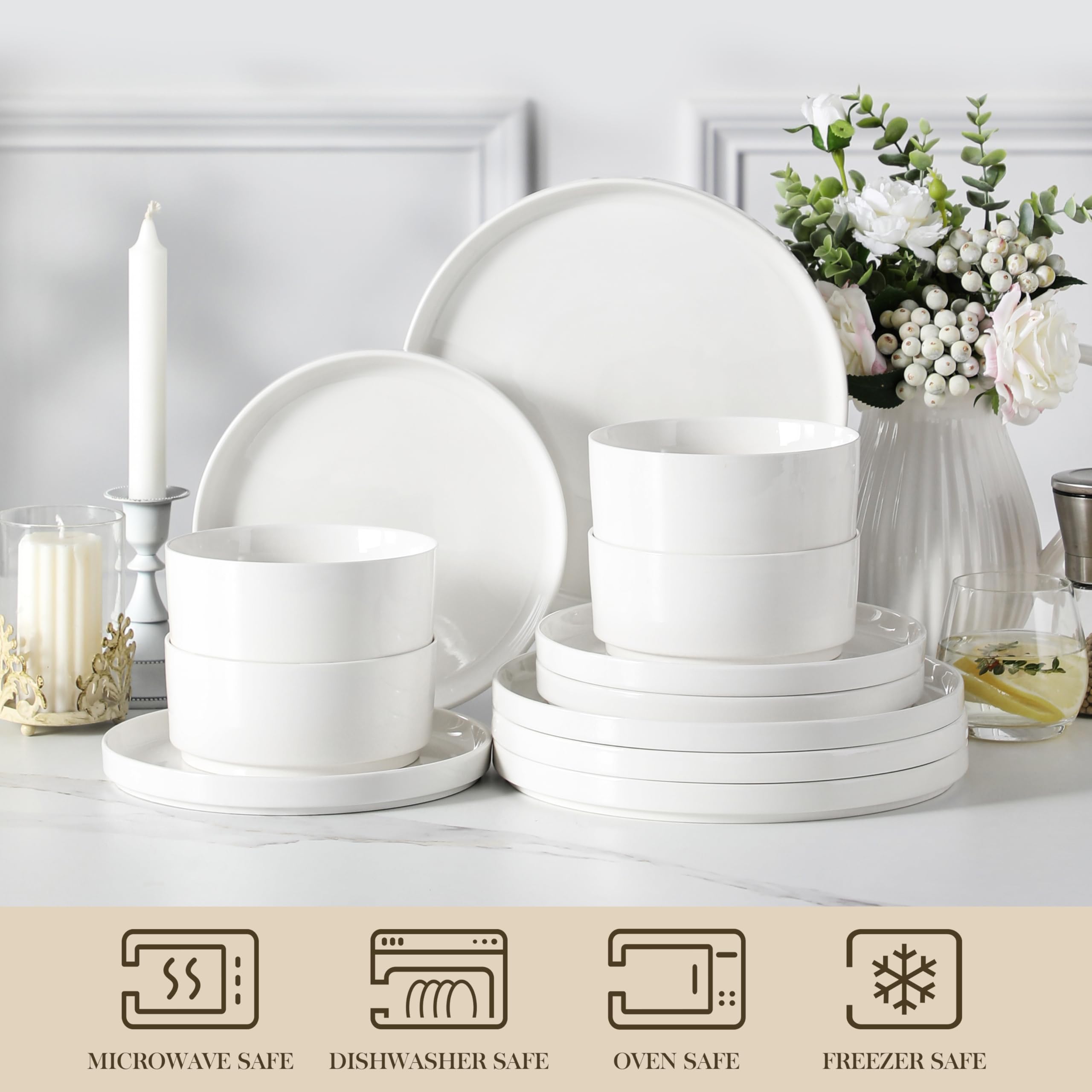 MALACASA 12 Pieces Porcelain Dinnerware Set, Modern White Dish Set for 4, Premium Serving Plates and Bowls Sets, Chip and Scratch Resistant Dishware Sets Kitchen Dishes Dining Ware Set, Series LEAH