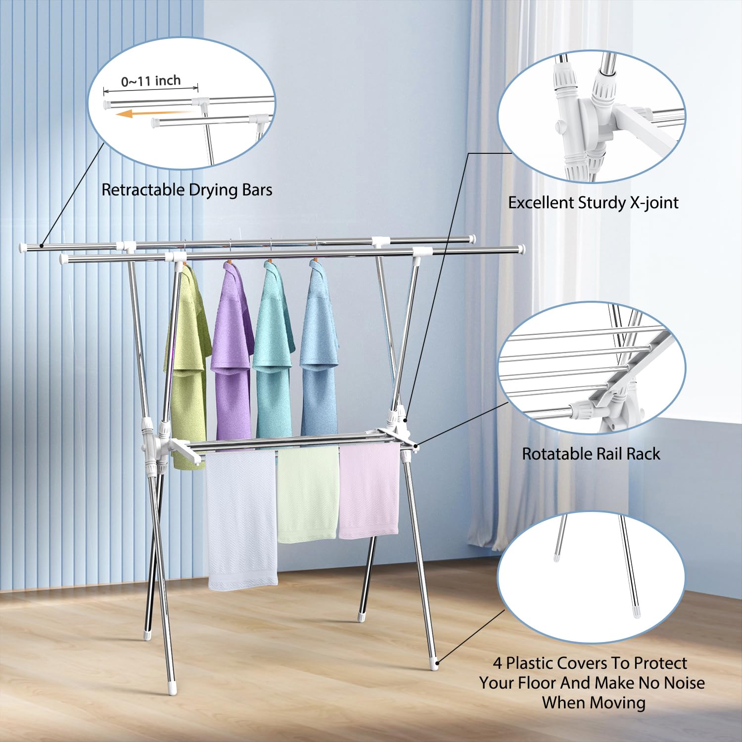 SZJoyBet Clothes Drying Rack 2 Tiers, Heavy Duty Drying Rack Clothing Folding Indoor Outdoor, Stainless Steel Laundry Drying Rack, Portable Garment Rack, Blanket Rack Clothesline(61 Inches)