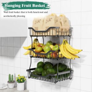 OKZEST 3-Tier Fruit Basket for Kitchen Counter with Banana Hangers, Wall Hanging Fruit Basket and Countertop Organizer Fruit Bowl, Fruit Storage Holder Stand for Potato Onion Snack Bread Fruit Veggie